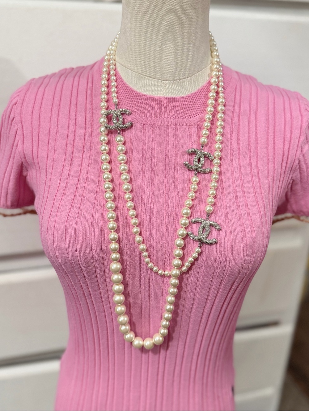 Pearl Multi-Strand Necklace with Crystal Logo Accents - White Pearl